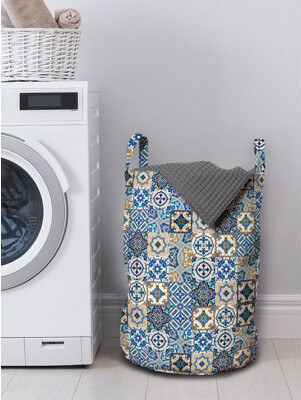 Ambesonne Moroccan Laundry Bag, Tile Pattern With Portuguese Traditional Azulejo Motifs Oriental Curls, Hamper Basket With Handles Drawstring Closure