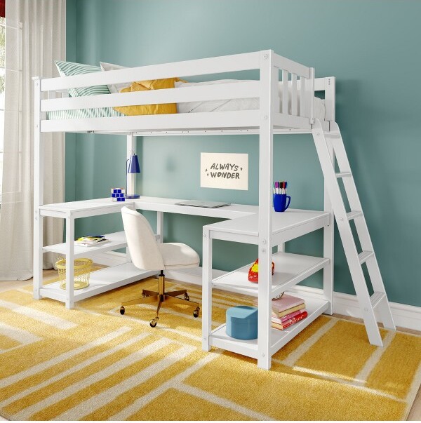 Max & Lily ClassicTwinHighLoft(ladderonend)+WraparoundDeskWhite