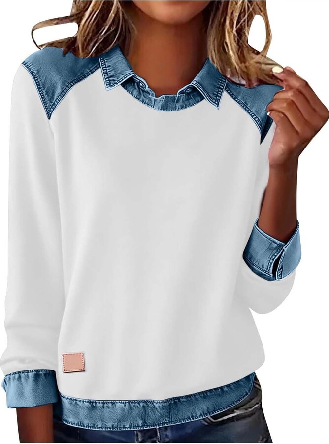 HGps8w Women's Denim Patchwork Lapel Shirts Trendy Loose Long Sleeve Casual 2026 Spring Sweatshirt Color Block Pullover Tops