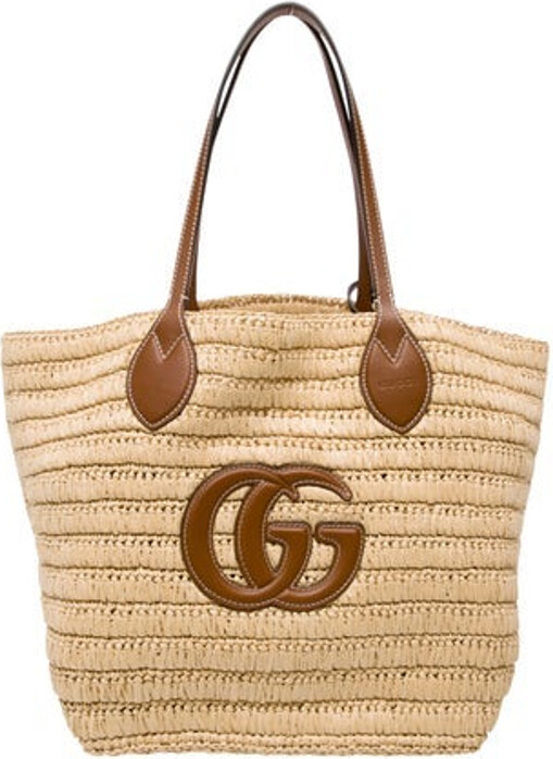 Gucci Tote Neutrals Raffia GG Signature Leather Trim Dual Shoulder Straps Leather Trim Embellishment Unlined Open Top Includes Box Dust Bag & Interior Zip Pouch