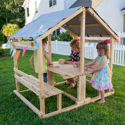Funphix Kids Klubhouse Wooden Playhouse Outdoor Indoor, DIY Backyard Playhouse with Table and Benches