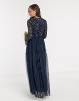 Thumbnail for your product : Maya Petite Bridesmaid long sleeve maxi tulle dress with tonal delicate sequin in navy