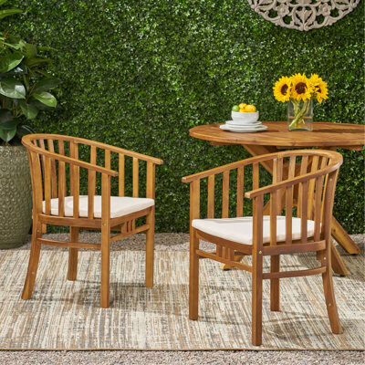 Corrigan Studio Outdoor Wooden Dining Chairs With Cushions Set Of 2 Teak Finish