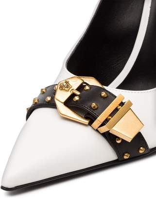 Versace white, black and gold metallic Studded buckle strap leather pumps