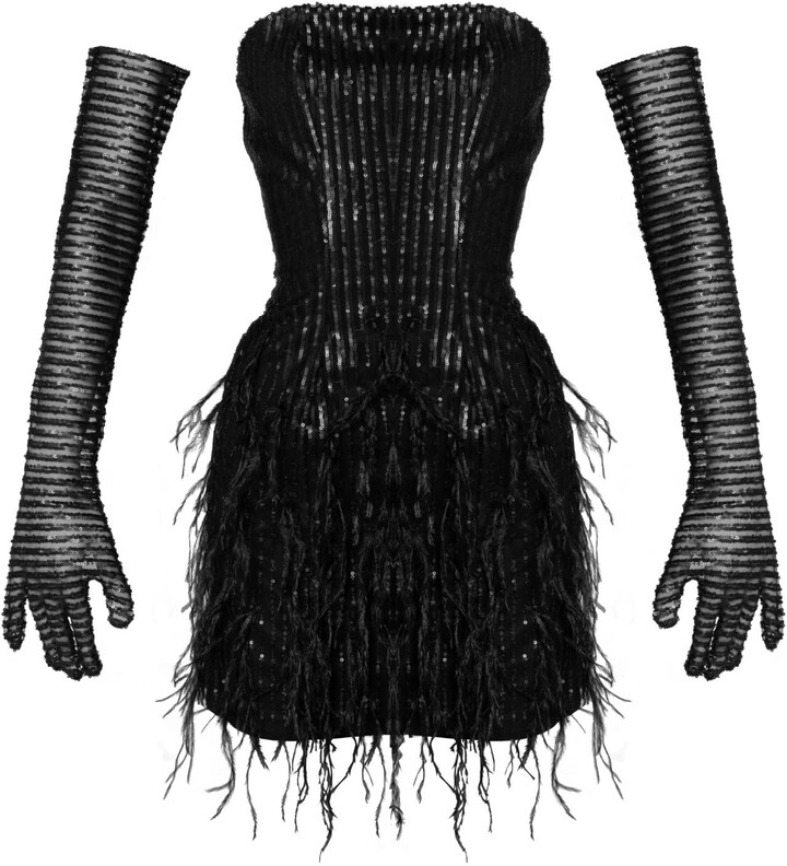 Ettie Black Feather Hem Sequin Strapless Mini Dress And Gloves
