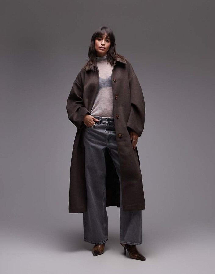 Topshop belted long line formal coat in brown