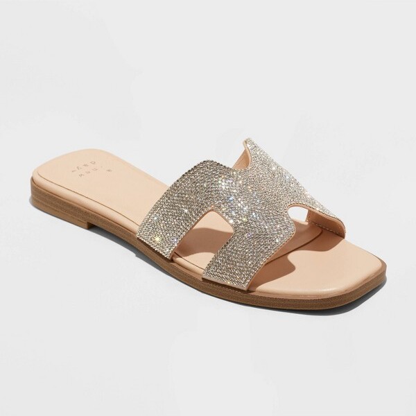 A New Day Women'sNinaRhinestoneFlatSandals-ANewDay™Silver6.5:OpenToe,SlipOn,TexturedOutsole