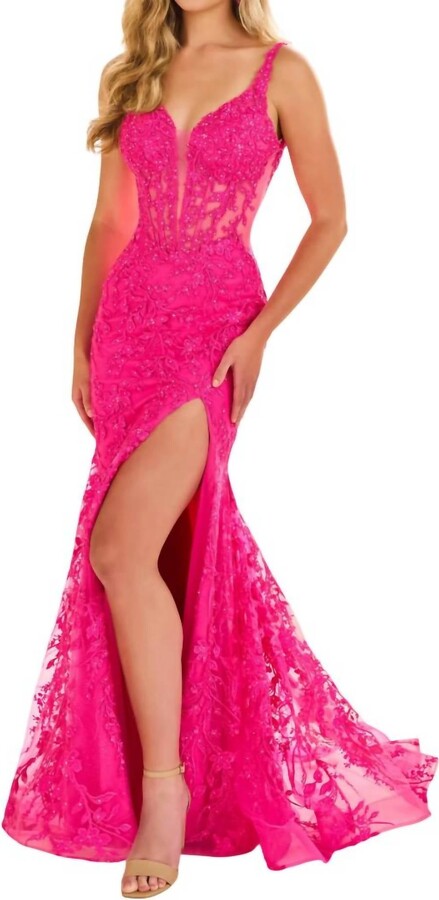 Ellie Wilde Embroidered Tulle Lace Mermaid Prom Dress In Hot Pink