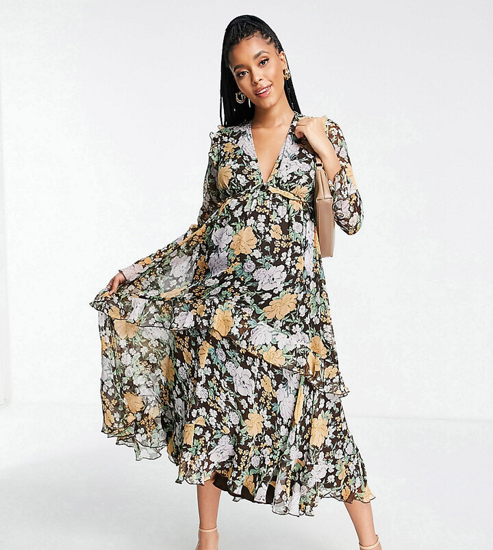 ASOS Maternity ASOS DESIGN Maternity plunge front ruffle printed floral  midi dress with lattice tie back detail - ShopStyle