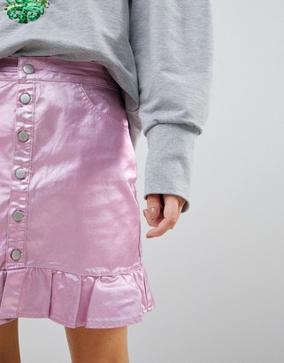 Chorus Petite Pink Foiled Denim Skirt with Frill Hem