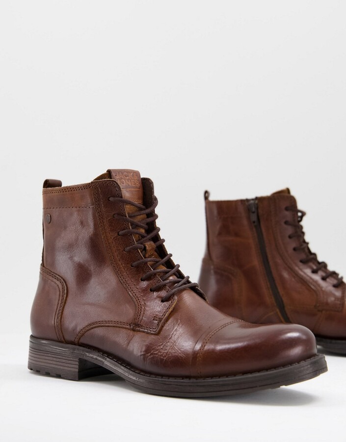 Jack and Jones lace-up tall boots in brown leather - ShopStyle
