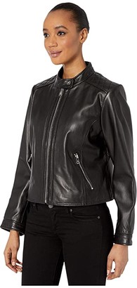 Lauren Ralph Lauren Petite Zip Front Diamond Quilt Leather Jacket (Black) Women's Coat