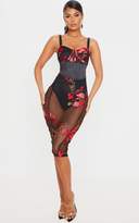 Thumbnail for your product : PrettyLittleThing Black Rose Embroidered Sheer Skirt Midi Dress