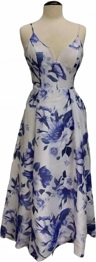 Bariano Anne Asymmetrical Floral Gown In White/blue