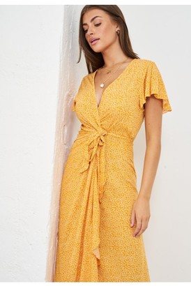 Love Frontrow Ditsy Floral Short Sleeve Maxi Wrap Dress | Yellow