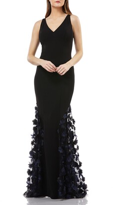 Carmen Marc Valvo Sleeveless Crepe Trumpet Gown with 3D Floral Mesh Detail