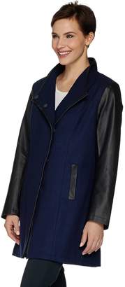 Dennis Basso Envelope Collar Wool Blend & Faux Leather Coat