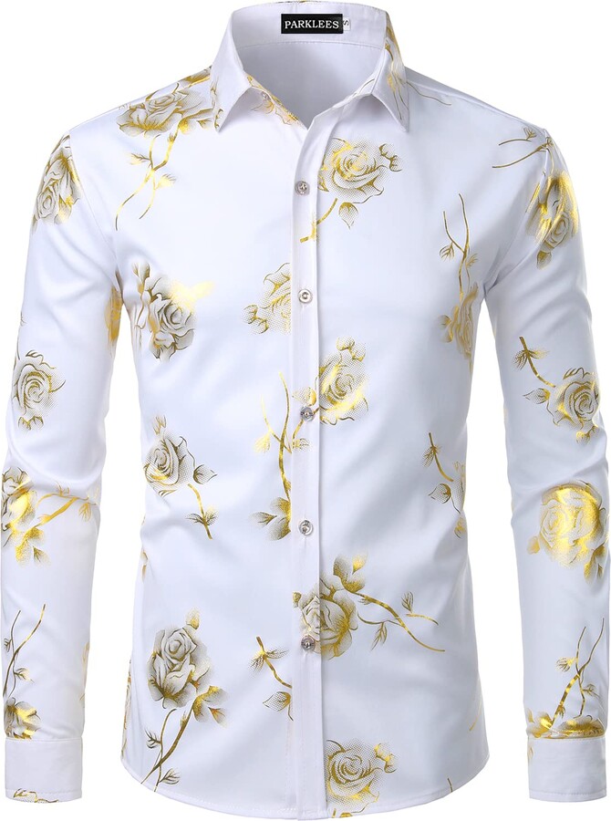 PARKLEES Men's Shiny Gold 3D Rose Print Slim Fit Button Down Dress ...
