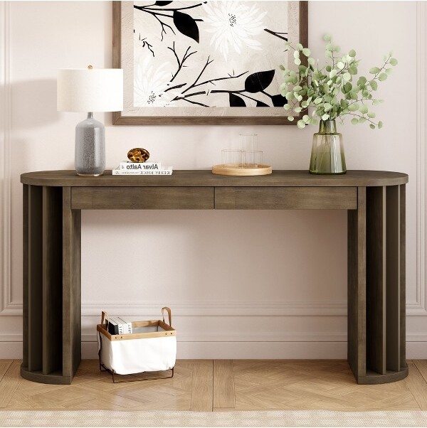 MOEPISY59-inchLongConsoleTableOakVeneerSofaTableCurvedandStraightLineDesignNatural