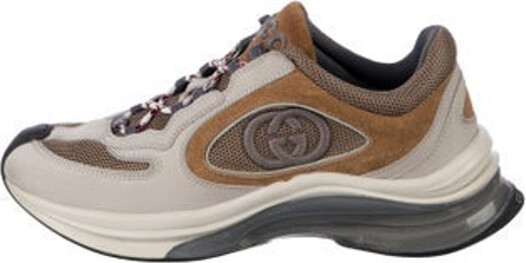 Gucci Suede Low Top Athletic Sneakers Brown & Grey Interlocking G Logo Rubber Trim Embroidered & Mesh Accents Round-Toes Lace-Up Closure at Uppers Includes Box & Dust Bag Designer