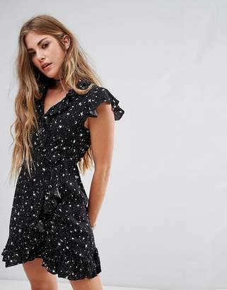 Motel Wrap Front Dress With Ruffle Trim In Star Print