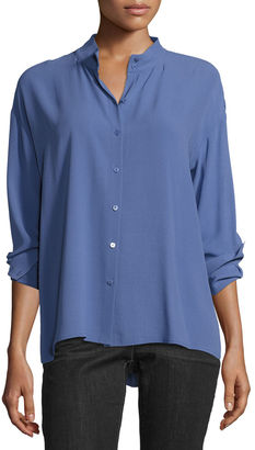 Eileen Fisher Long-Sleeve Button-Front Boxy Silk Blouse