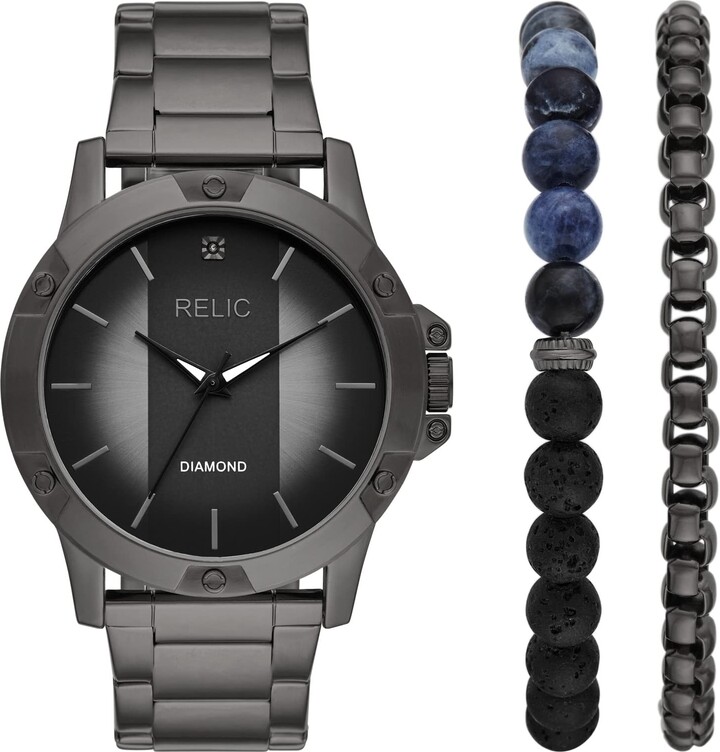 Relics Rylan Three-Hand Black Metal Watch Gift Set with Bracelet Accessories (Model: ZR97000)