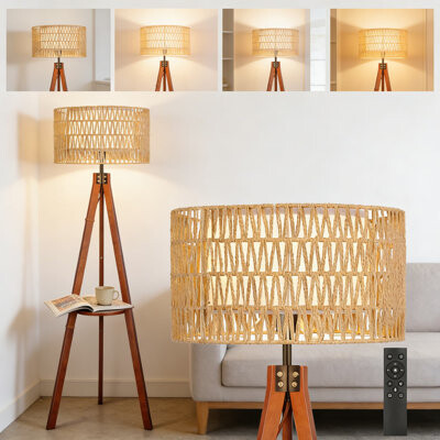 Latitude Run Modern Tripod Floor Lamp With Shelves, Remote Control Dimmable Standing Lamp For Living Room, Bedroom & Office, Includes Linen Shade And Bulb