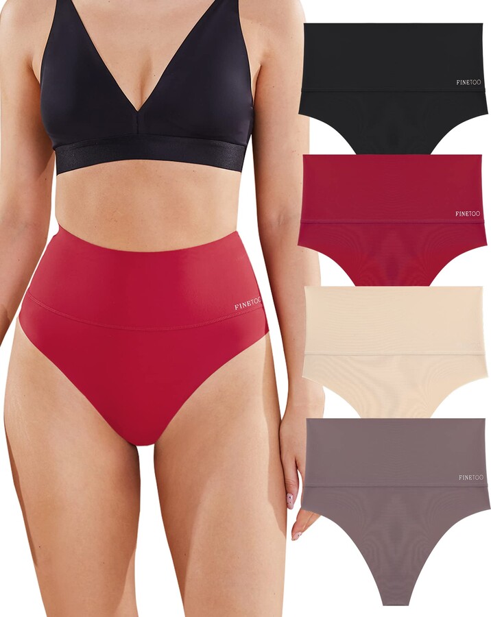 FINETOO High Waisted Thongs for Women Tummy Control Underwear Soft Nylon Stretchy No Show High