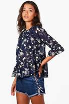 Thumbnail for your product : boohoo Tall Bethany Floral Lace Up Ruffle Woven Blouse
