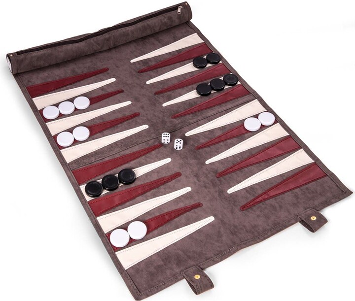 Grey Suede Roll-Up Backgammon Travel Set