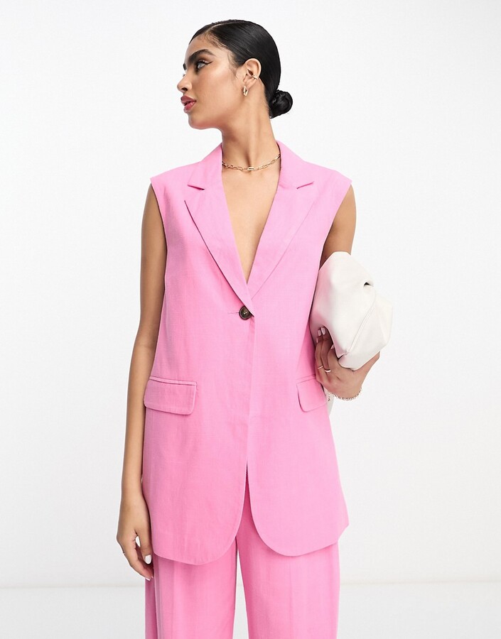 ASOS DESIGN sleeveless suit blazer with linen in pink ShopStyle