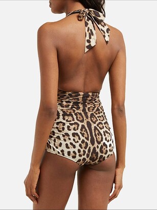 Dolce & Gabbana Leopard-print Ruched-side Halterneck Swimsuit - Leopard