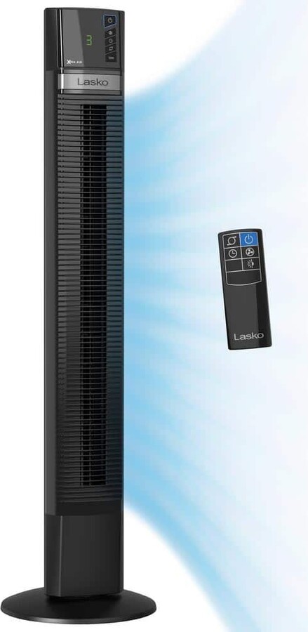 Lasko 48 in. Xtra Air 4-Speed Tower Fan in Black with Carry Handle, Oscillating, Remote Control, Nighttime Setting, Timer