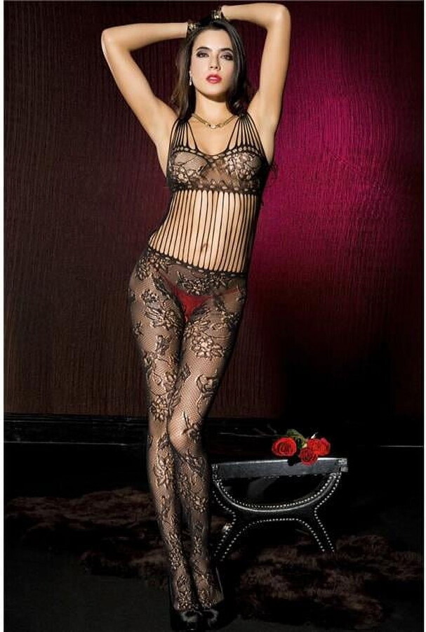 Music Legs Women’s Spandex shredded strap floral lace crotchless bodystocking with vertical string net bodice 1019-BLACK