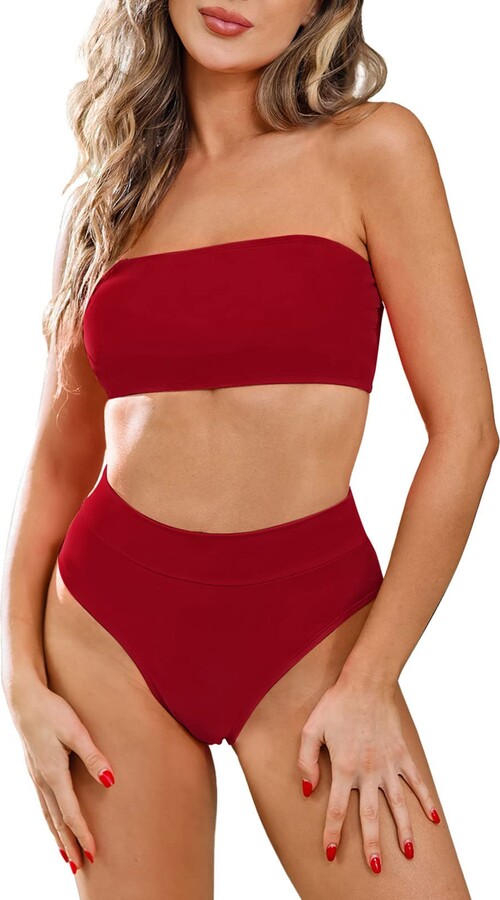 Viottiset Womens Solid High Waisted Bandeau Swimsuits Strapless Bikini