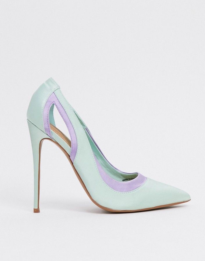 ASOS DESIGN Peaky stiletto pumps in mint/lilac satin - ShopStyle