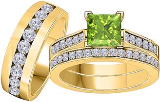 Express Star Retail 3.00 Carat (Ctw) Synthetic Green Peridot Princess Cut & Round CZ Diamond 14k Yellow Gold Over Engagement His & Her Wedding Engagement Trio Ring Set In Shipping