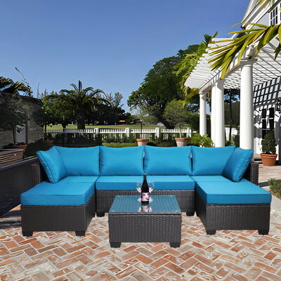 Latitude Run Patio Couch For Garden: 7 Pe With Soft And Comfortable Materials Rust- Frame Modern Style Furniture : Padding Cushions Outdoor Garden Use