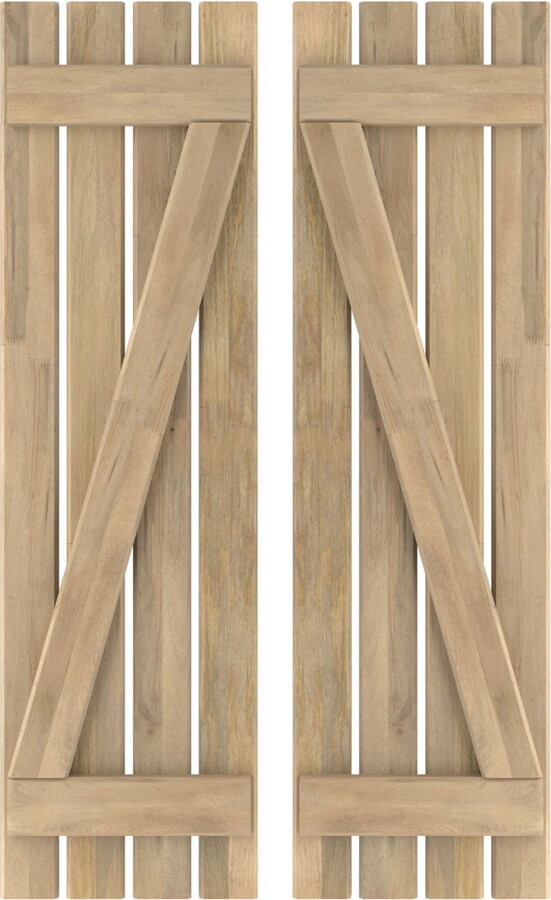 Ekena Millwork 15 1/2"W x 69"H Americraft Four Board (2 Batten) Exterior Real Wood Spaced Board-n-Batten Shutters w/ Z-Bar (Per Pair), Unfinished