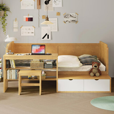Latitude Run Wooden Daybed with Storage Shelves and Lockers, Multi-functional Bed with Study Desk and Matching Stool