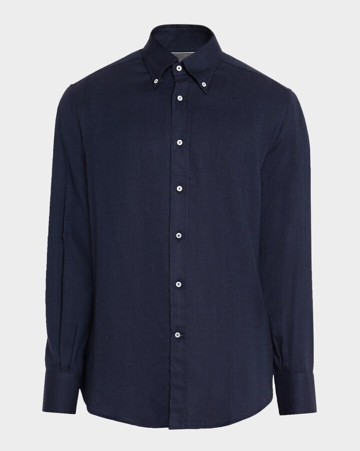 Brunello Cucinelli Men's Micro-Chevron Button-Collar Sport Shirt