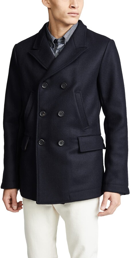 Billy Reid Mens Wool Double Breasted Bond Peacoat with Leather Details 