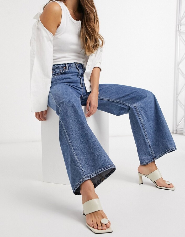 Weekday Ace cotton high waist wide leg jeans in mid blue - MBLUE - ShopStyle