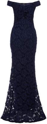 Quiz Navy Glitter Lace Bardot Knot Maxi Dress