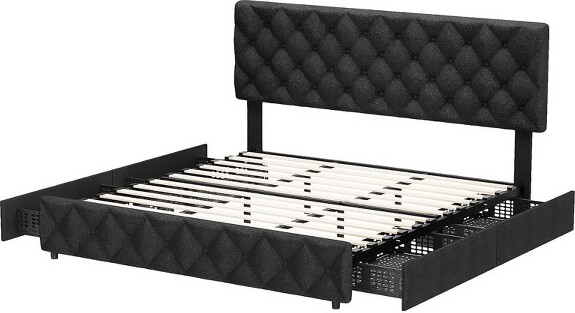 AcekoolUpholsteredPlatformBedFramewithAdjustableDiamondTuftedHeadboard4SpaciousStorageDrawersHeavyDutyConstruction