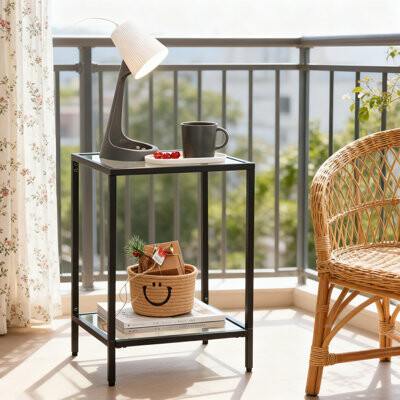 Orren Ellis Modern 2-Tier End Table With Tempered Glass Top And Sturdy Metal Frame Space-Saving Side Table For Living Room And Bedroom