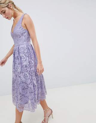 ASOS Design DESIGN lace plunge neck midi prom dress-Purple