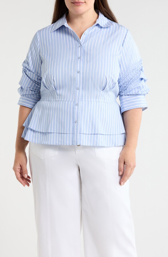 Wit & Wisdom Pinstripe Button-Up Tiered Peplum Shirt