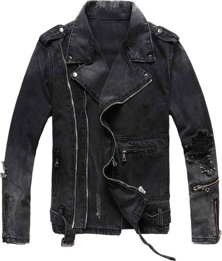 Dninmim Men's Denim Biker Jacket，Vintage Black Gray Spliced Ripped Hip ...